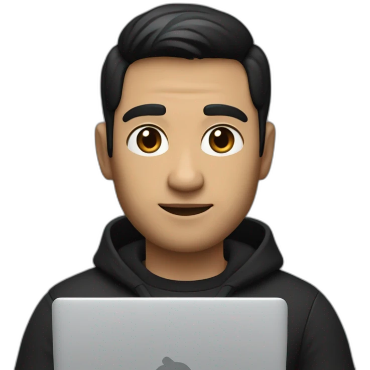     memoji of a man with a laptop in front, apple-style,modern,dark hair,black sweater,computer in hand, srilankan white skin, an avatar image gonna be round  emoji