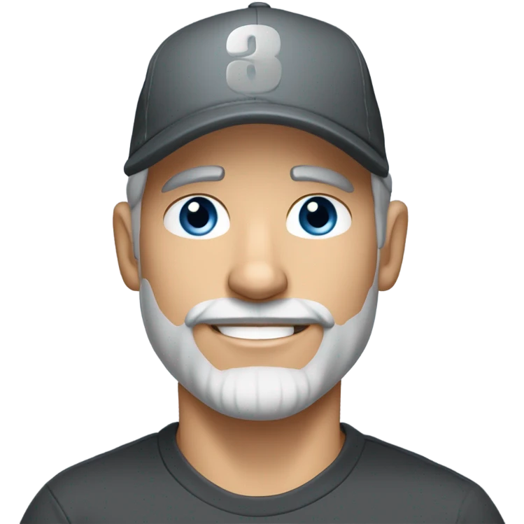 Handsome blue eyed man, with grey hair, and grey goatee beard, wearing ball cap and holding a black long hair chihuahua  emoji