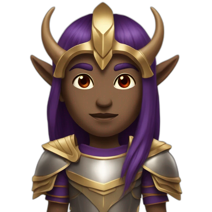 Humanoid with purple skin color, red eyes, pointed ears and Oni horns, has long straight brown hair, and wears royal Roman armor in gold emoji