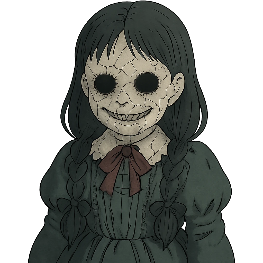 haunted cursed doll cracked porcelain skin empty eyes sinister grin creepy gothic style emoji