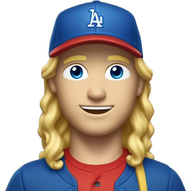 blonde wavy hair man with blue eyes and red t-shirt and sideways baseball cap full body emoji