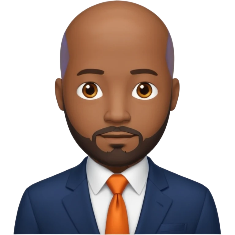 headshot of a sophisticated, stylish, bald head Caribbean black man with a beard and goatee in a navy blue suite, white shirt and dark orange tie with small eyes emoji