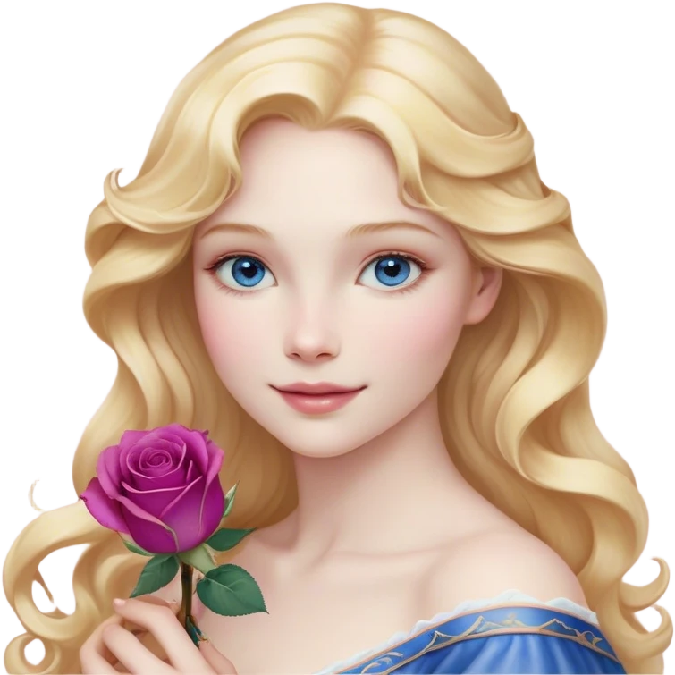 Cinematic Realistic Sleeping Beauty (Aurora) Portrait, with porcelain-like skin featuring a natural rosy flush, illuminated by soft lighting that highlights the gentle contours of her face. Her golden blonde hair flows in soft, detailed waves with subtle highlights that shimmer in the light. Her deep violet-blue eyes radiate warmth and innocence, framed by arched brows and long lashes. With a soft, serene smile, she holds a delicate rose gently in one hand, her other hand resting lightly by her side. She is dressed in her classic pink gown, the fabric rich in texture with delicate folds that catch the light. A golden crown rests atop her head, gleaming with royal refinement. The portrait captures a soft, glowing aura, blending realism with an ethereal sense of beauty and timeless enchantment. emoji