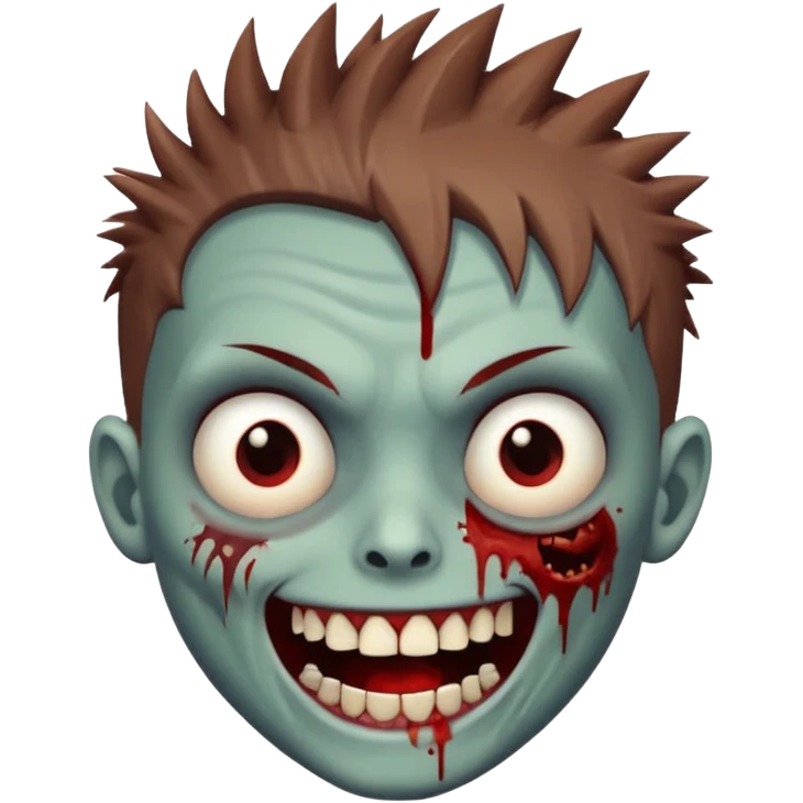 zombie boy with brown short spiky hair, white skin, and white eyes; an open smile, and bloodied teeth; emoji
