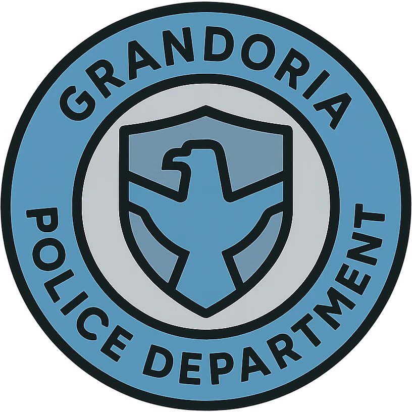 modern circular police logo for GRANDORİA POLİCE DEPARTMENT, minimalist design, blue and silver color palette, clean lines, subtle shield or eagle motif, sans-serif font, professional and contemporary look emoji