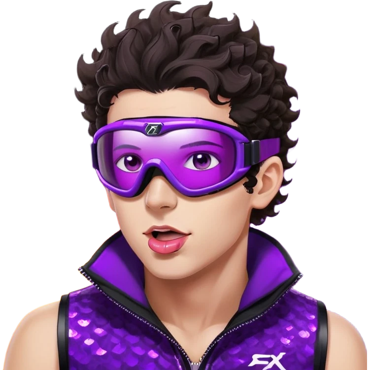 close-up of cool guy male athlete with white skin and moderately curly dark brown hair on top with shaved sides, with one purple ski goggle lens pushed up above his eyes on his forehead, sticking his tongue out of his mouth, a simple plain black chain necklace, and a completely unzipped sleeveless vest with purple and black sequin fire pattern design with no logo emoji