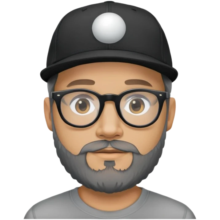 A light skin man with a beard that has grey in the chin. He is wearing wayfair glasses and a black ball cap emoji