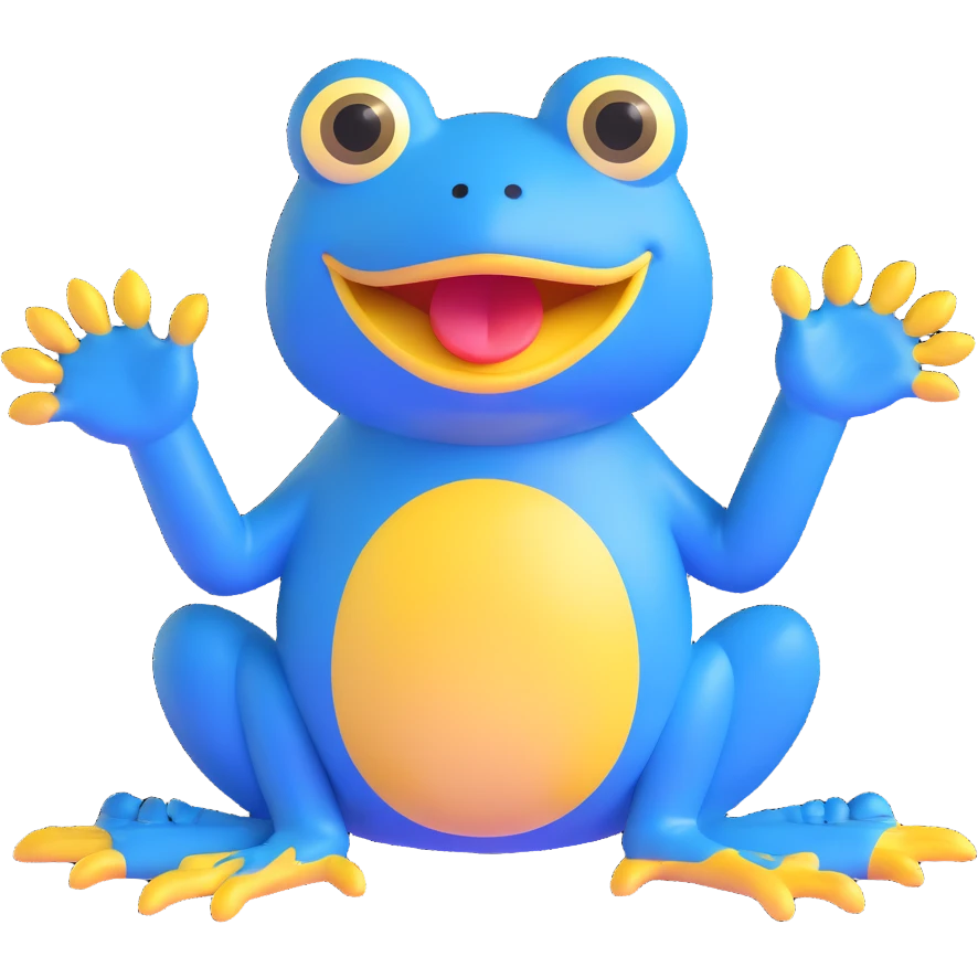 blue frog character, sitting, big yellow mouth, wide eyes, playful and friendly, silly and sweet expression, no accessories emoji