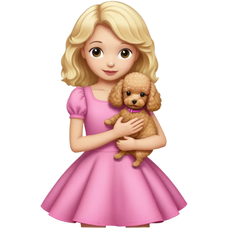 blonde girl light skin wearing a pink dress hugs her toy poodle emoji