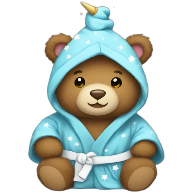 A brown teddy bear wearing a unicorn hooded blue bathrobe with white stars emoji