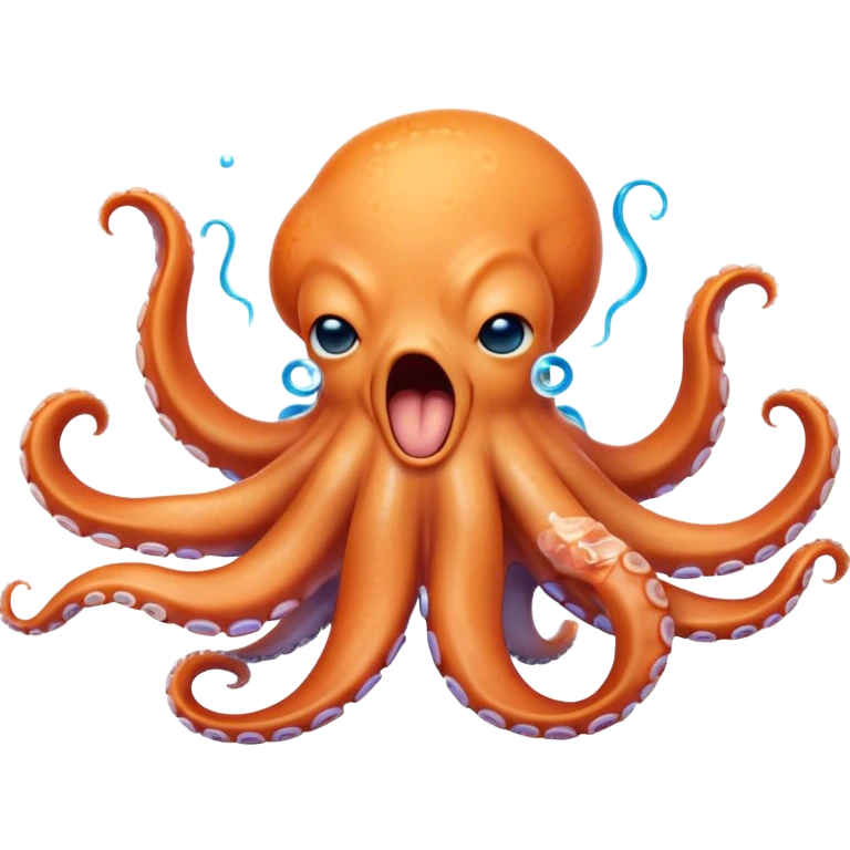 Cinematic Cute Yawning Octopus Portrait Emoji, Head tilted slightly with a dramatic, wide-open yawn, showcasing a plump, light orange body decorated with delicate blue rings and loosely draped arms with sleepy, half-closed eyes, Simplified yet irresistibly adorable features, highly detailed, glowing with a soft, cozy underwater glow, high shine, relaxed yet expressive, stylized with a hint of whimsical aquatic charm, soft glowing outline, capturing the essence of a drowsy yet affectionate octopus that appears ready to stretch and yawn its way out of the screen! emoji