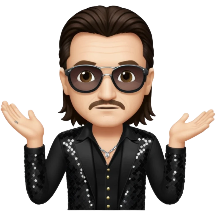 Bono from U2 with long dark brown hair, black sequin outfit  emoji