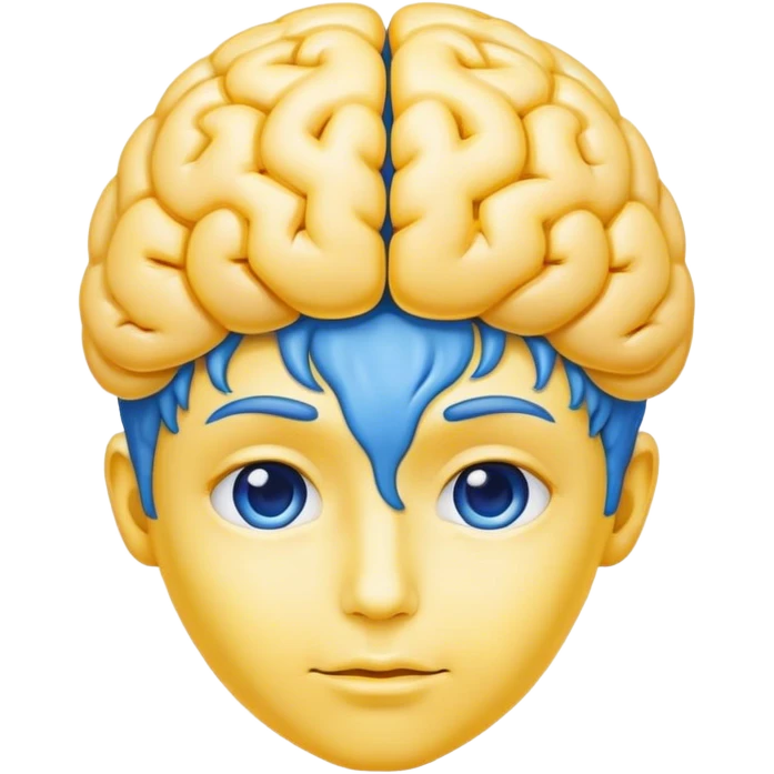 Adult person face emoji with a blue brain for hair and yellow skin emoji