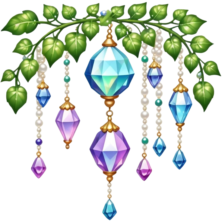 Exotic romantic Few cute tiny Iridescent glistening glossy sparkly shiny glittery hanging crystals pearls and beads and gemstones scenery scenic decorations with ivy and flowers emoji