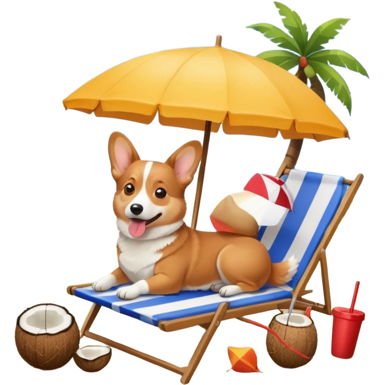 a corgi dog laied on a beach chair, a sunny beach, a sun umbrella, and beach coconut trees. the icon should capture the essence of a relaxing beach vacation with a carefree atmosphere emoji
