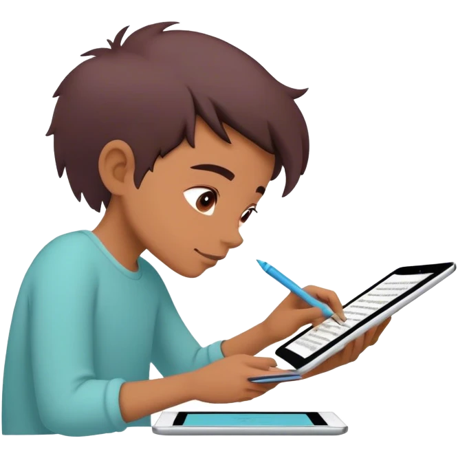 Create an emoji representing fanfiction writing. The design should feature a digital device tablet with visible text, symbolizing the creative process of writing fanfiction. Add a subtle reference to popular fictional characters or universes to indicate the fan aspect. Use a playful, imaginative color palette, blending vibrant tones with soft neutrals. Do not include any emojis or smiley faces. Make the background transparent. emoji