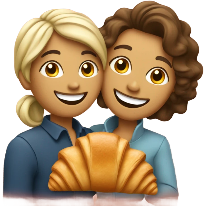 a happy woman and a man are friends and holding a croissant emoji