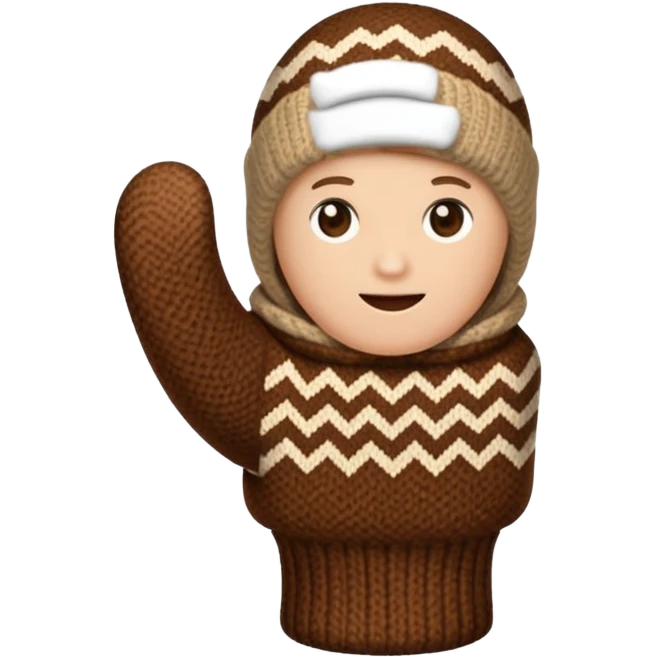 thumbs up fist in brown knit mitten with zig-zag beige pattern, no face emoji