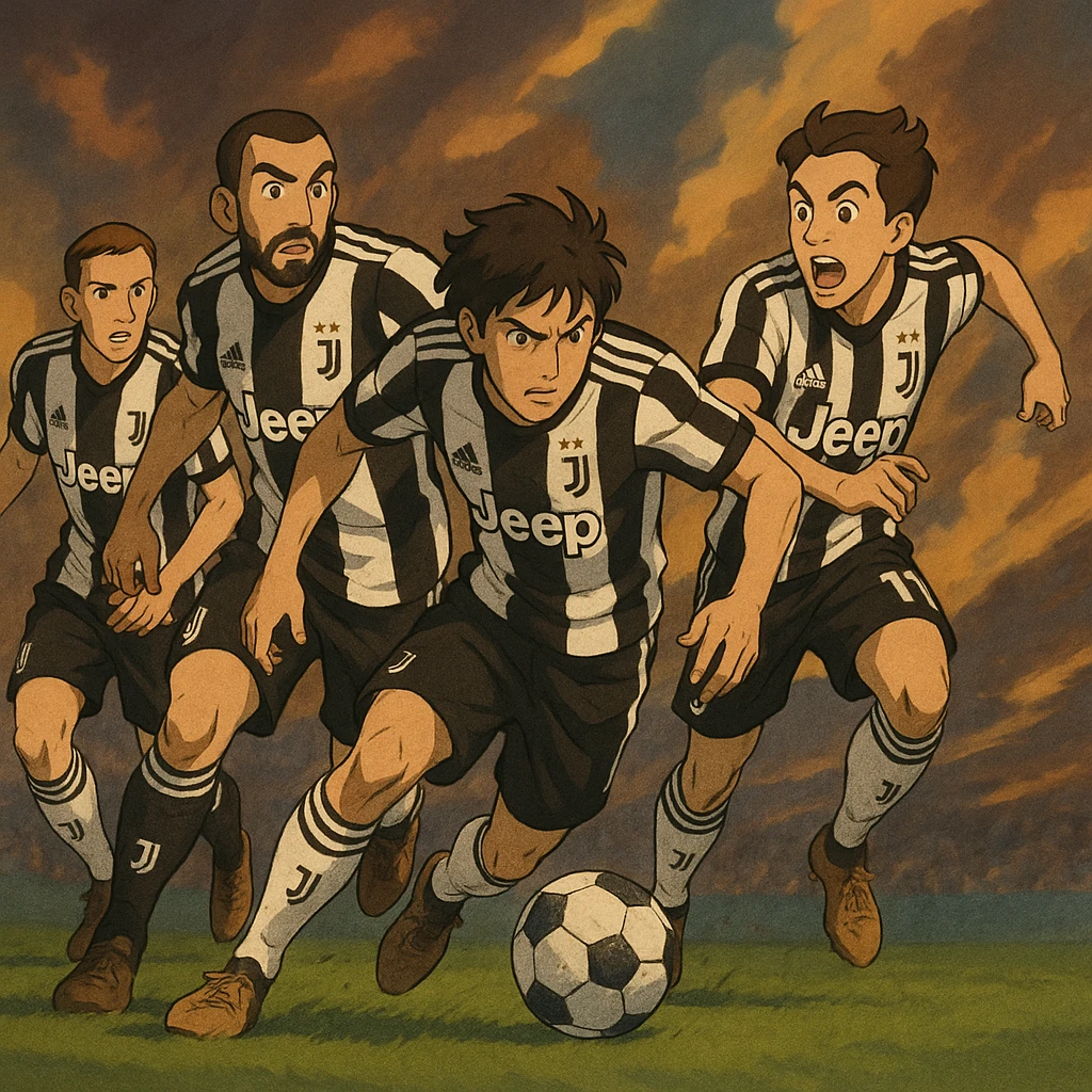 Juventus players in action, stylized and dramatic emoji