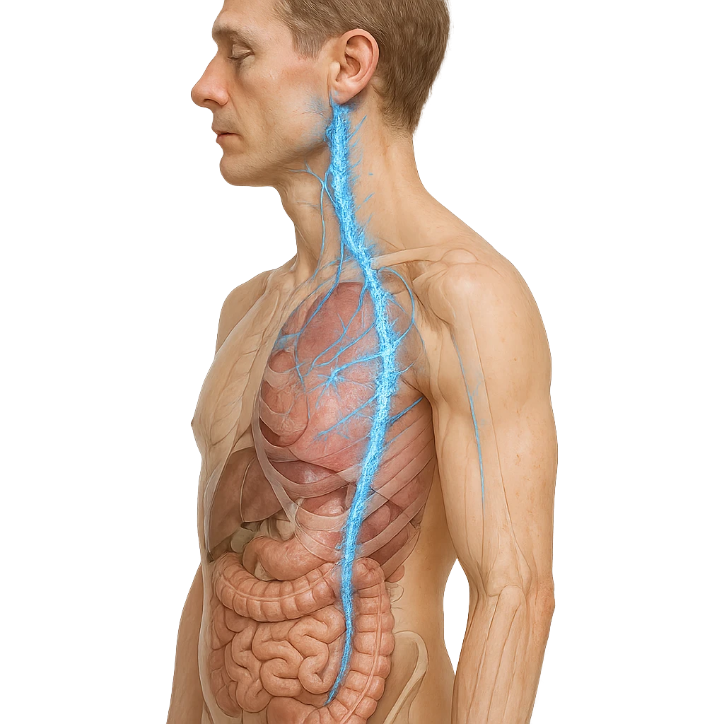 realistic human body with vagus nerve highlighted, right lateral view, anatomical details, vagus nerve path clearly visible, blue ice and crystal effect along the nerve, transparency on internal organs, white background emoji