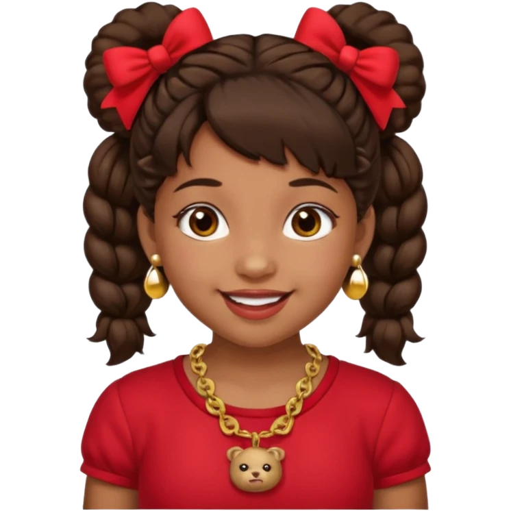 Brownskin girl dark brown hair fluffy. pigtails with red bows brown eyes smiling closed mouth red shirt gold esrrings gold necklace emoji