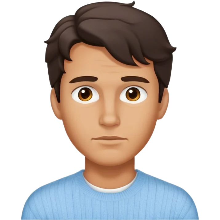 The person(male) has a tanned complexion, wavy  dark hair fully covering his forehead, well-defined facial features with a strong jawline, full lips, and smirky expression. They are wearing a white shirt layered with a light blue emoji