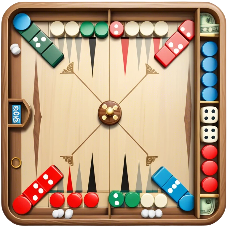 A photorealistic icon featuring a backgammon board with dice, a Monopoly board with money and property cards and a Game of Life spinner. The design captures the detailed textures of the boards, pieces, and accessories. Transparent background. emoji