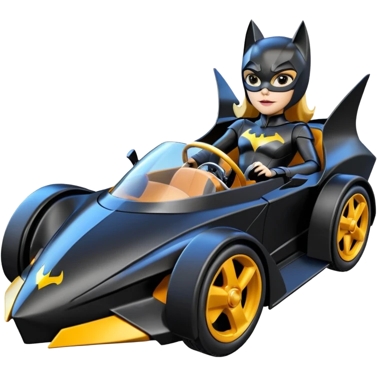 Hot wheels cartoons BatGirl’s stealth retro cat burglar sporty futuristic pursuit mobile two seater car (reclined seating position) emoji