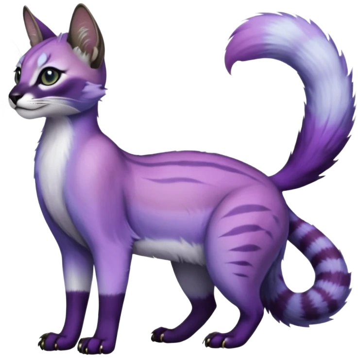 Colorful dark tropical pastel-lilac-lavender-violet iridescent pastel white glorious divine exotic cute cool beautiful shiny beautiful fantasy-caracal-civet-genet-sergal-vernid-Cacomistle-oncilla-animal-Fakémon-hybrid-fursona (full body) emoji