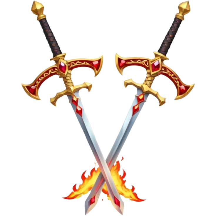 Two powerful on fire fully golden fiery royal crossed swords with red gems emoji