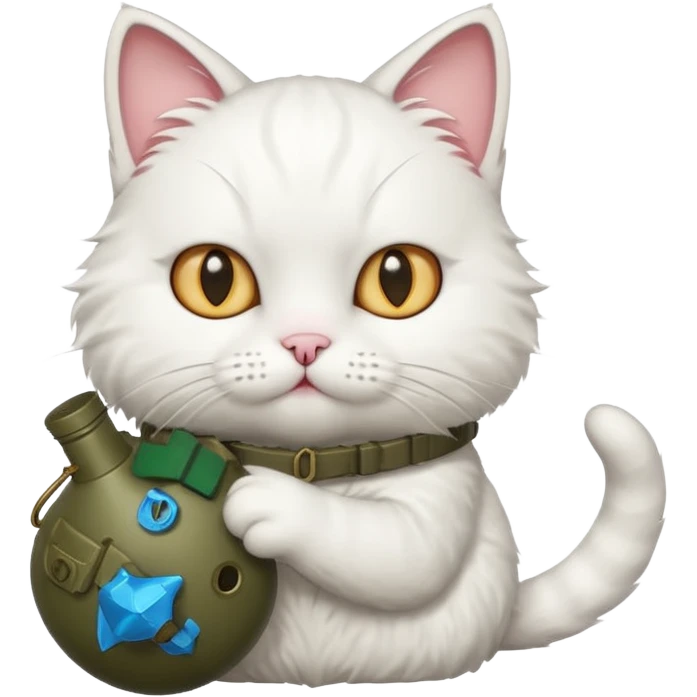 White cat holding a grenade emoji
