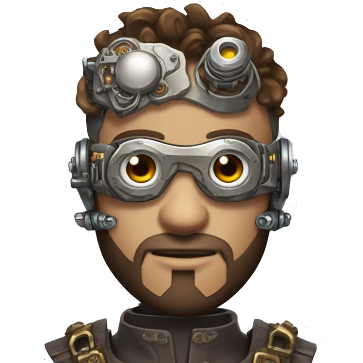 male cyborg head with brown short hair, brown beard, silver steampunk goggles and circuitry emoji