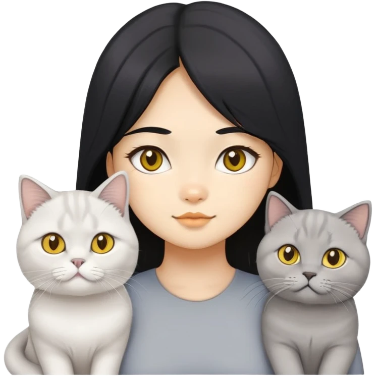 asian black hair girl,  with four cat , grey British Shorthair, yellow British Longhair, White Longhair, white British longhair.  emoji
