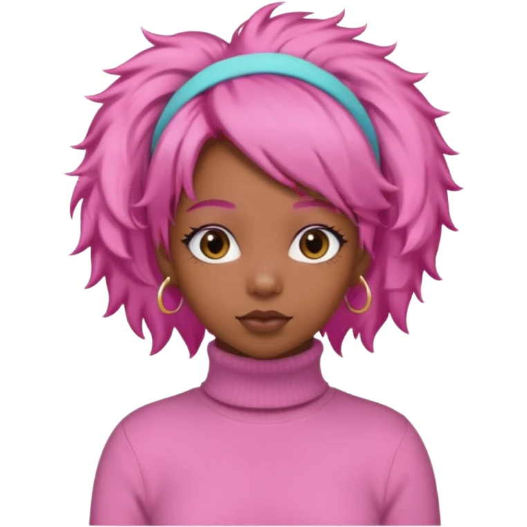 black fluffy haired girl with pink turtleneck sweater and pink hair band emoji