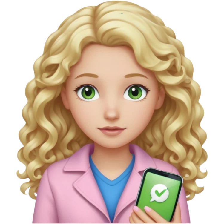 A white girl with long blonde curly hair and blue and green eyes wearing light pink emoji