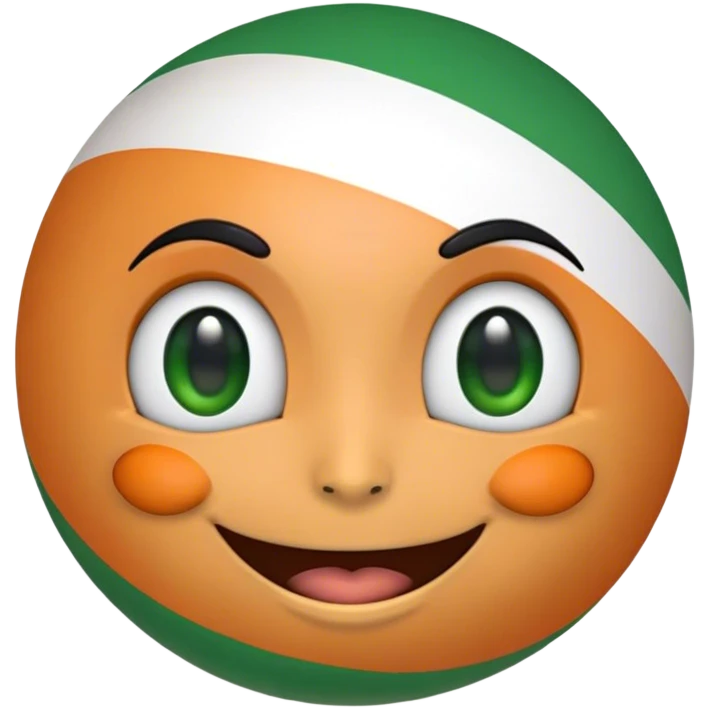 "A 2D-rendered, glossy, spherical emoji with a cheerful smiling face. The sphere is painted with the colors of the Indian flag—saffron on top, white in the middle, and green at the bottom. The emoji has large, shiny green eyes with black pupils, reflecting light for a cute and friendly expression. The background is plain white, making the vibrant colors and glossy texture of the sphere stand out. The overall style is smooth and cartoon-like, with a polished and modern look." emoji