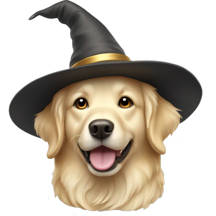 Cream color Golden retriever wearing a wizard hat emoji