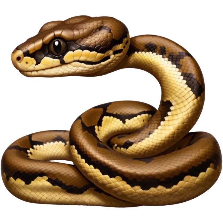 A photo-realistic digital illustration of a Ball Python, chest upward, with a short, rounded head, thick body, and a calm, curious expression. It has a warm brown base color with irregular dark blotches shaped like “alien heads,” and matte-textured scales that emphasize its small, stocky form. emoji