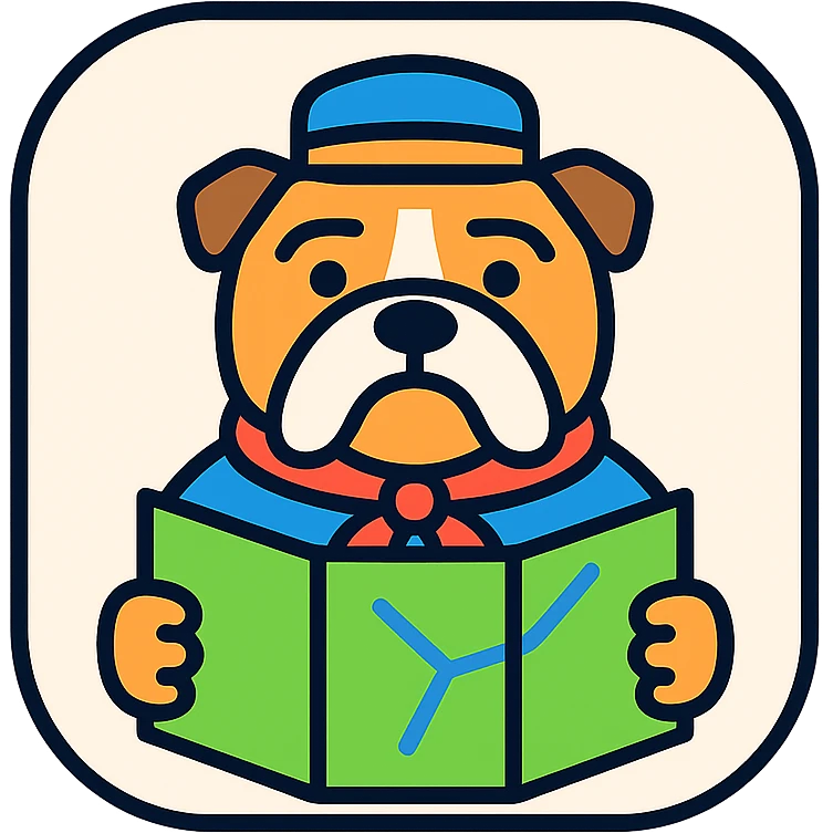 english bulldog tour guide as a web button icon holding a map, color outline style emoji