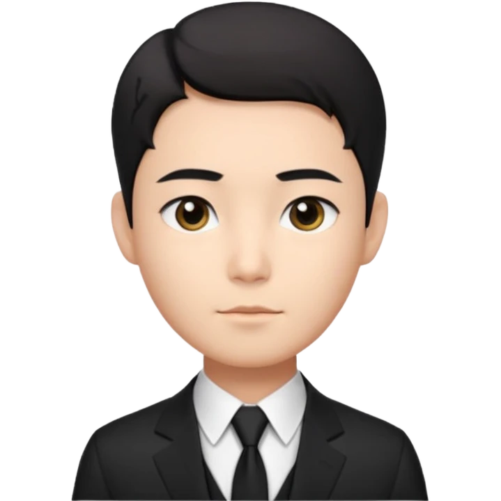 Korean male, clean studio portrait, short black hair with soft middle part,
natural skin tone, neat eyebrows, calm expression,
wearing a black suit, white shirt, black tie,
passport photo style, front facing, realistic, clean background emoji