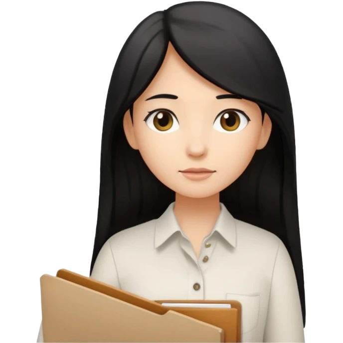 a light tan woman with long black hair past mid-back, round brown eyes, white button up shirt. holding manila folder emoji