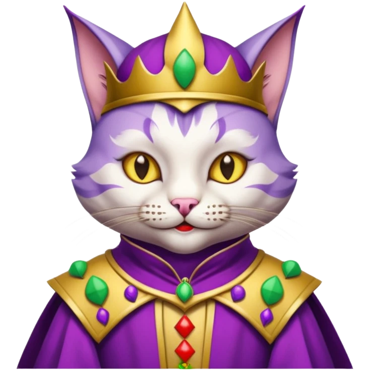 crazy colorful cute little cat jolly joker from poker, medieval, vintage, court jester, mac os icon, purple and yellow color, half body emoji