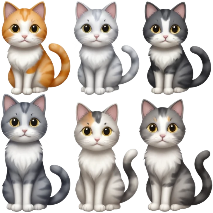 6 realistic looking cats with different natural coloured coats, assorted grey and white, greys, calico colours etc
 emoji