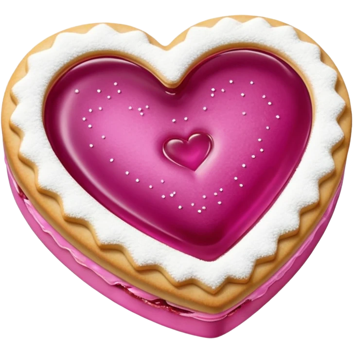 Realistic shortbread cookie in the shape of a heart with light margenta jelly middle filling and sprinkled powder sugar on top. emoji