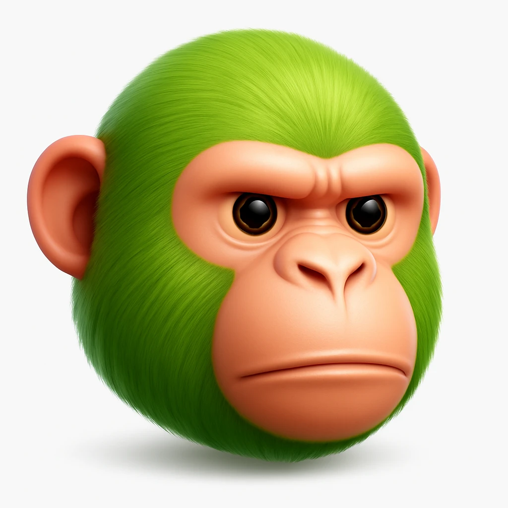 Create a chimpanzee emoji that looks exactly like the reference image in iOS emoji style. The emoji should have 3D appearance, shiny surface, smooth gradients, soft shadows, and realistic green fur on the chimpanzee face with a classic emoji look. Add a soft shadow under the face. emoji