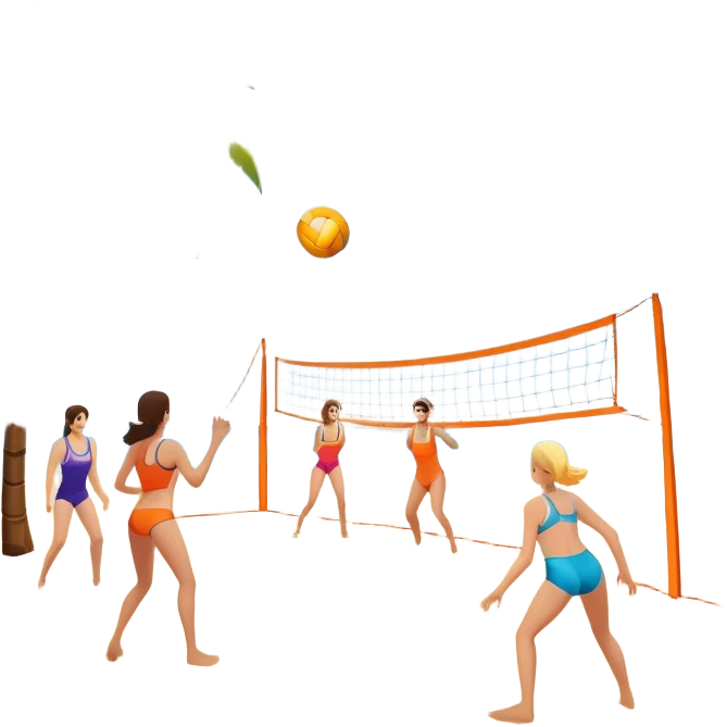The scene captures a sunny sea beach atmosphere with clear blue sea and sky, palm trees swaying, and people in swimsuits enjoying the vibrant surroundings. A volleyball resting on the orange sand ground of a beach, with a volleyball net in the background.  emoji