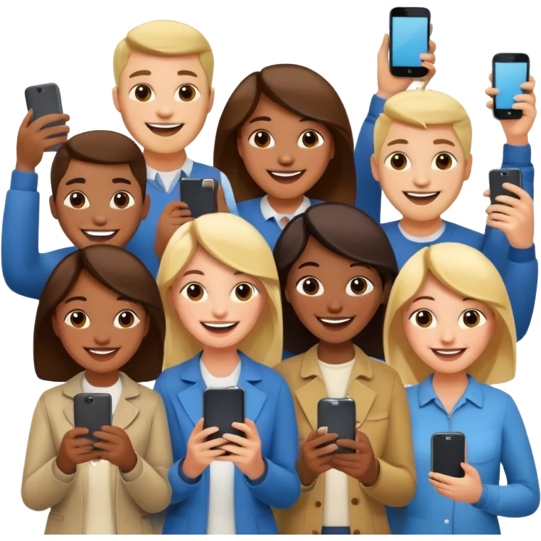 a crowd of people with happy faces and holding phone emoji