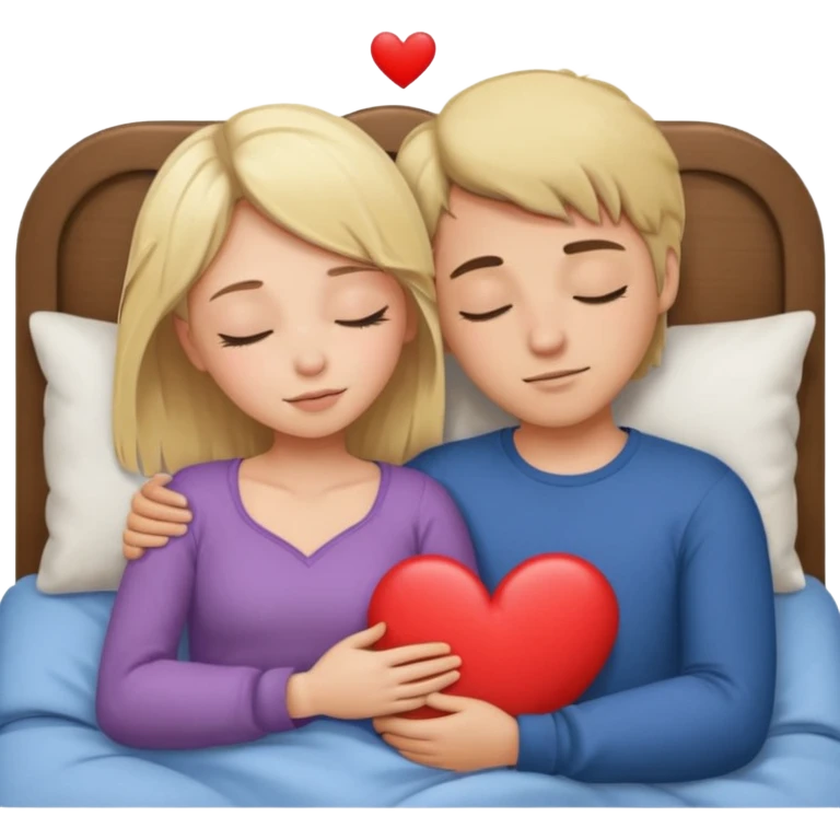 cuddling in bed, asleep. blonde girl. brunette man. eyes closed. heart between them. no headboard emoji
