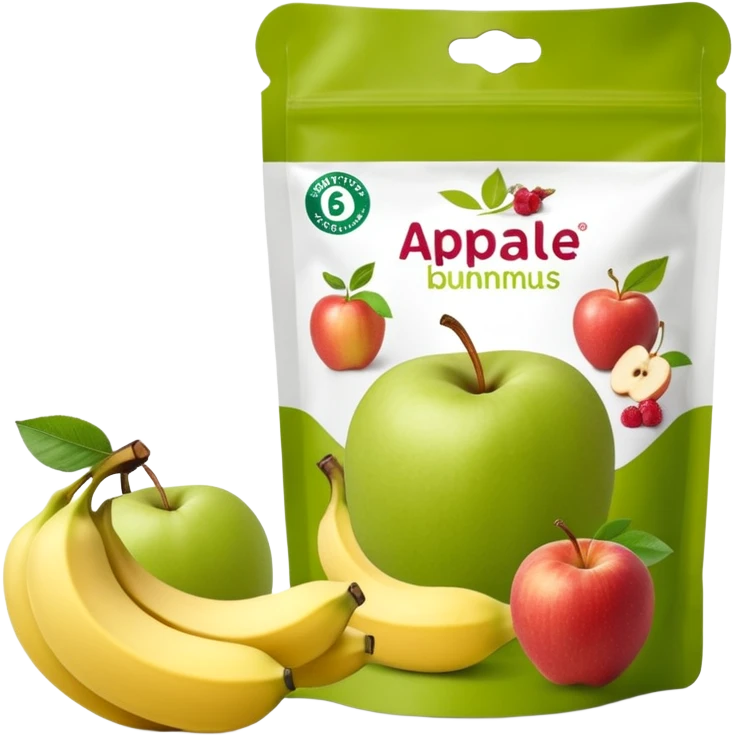 Ein weicher, bunter Standbeutel für Kinder, gefüllt mit püriertem Obstmus. Oben hat er einen kleinen wiederverschließbaren Schraubverschluss, aus dem Kinder direkt trinken oder saugen. Verpackung wie Babynahrung-Beutel aus dem Supermarkt, mit fröhlichem Obst-Design (Apfel, Banane, Erdbeere). emoji