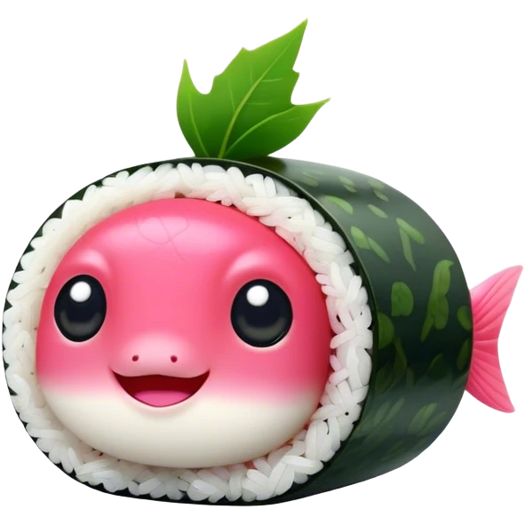 Cute Kawaii Maki Sushi Roll, small and round, wrapped in soft dark green seaweed, tiny grains of rice peeking out, a bright pink fish filling, a cheerful smiling face! emoji